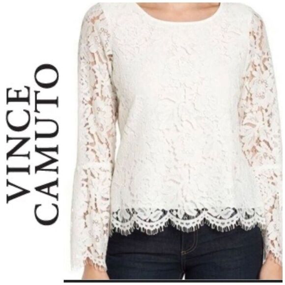 Vince Camuto Tops - VINCE CAMUTO - L Sz Med Ivory Lace Long-Sleeve Lined Blouse w/Bell Sleeves. EUC
